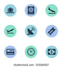 Set Of 9 Simple Airport Icons. Can Be Found Such Elements As Coupon, Watch, Certificate Of Citizenship And Other.
