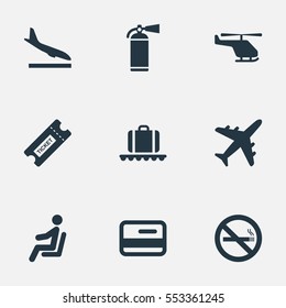 Set Of 9 Simple Airport Icons. Can Be Found Such Elements As Alighting Plane, Air Transport, Luggage Carousel And Other.