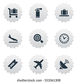 Set Of 9 Simple Airport Icons. Can Be Found Such Elements As Alighting Plane, Plane, Watch And Other.