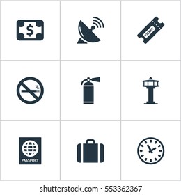 Set Of 9 Simple Airport Icons. Can Be Found Such Elements As Handbag, Flight Control Tower, Protection Tool.
