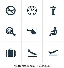 Set Of 9 Simple Airport Icons. Can Be Found Such Elements As Seat, Air Transport, Takeoff And Other.