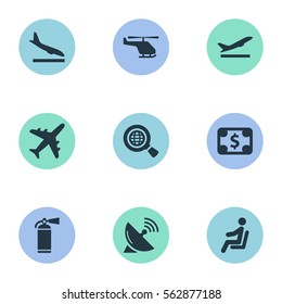 Set Of 9 Simple Airport Icons. Can Be Found Such Elements As Global Research, Alighting Plane, Plane And Other.