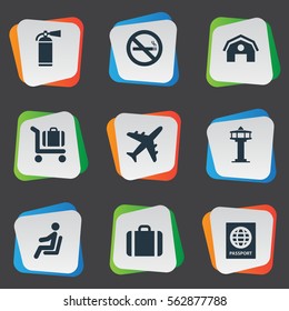 Set Of 9 Simple Airport Icons. Can Be Found Such Elements As Certificate Of Citizenship, Flight Control Tower, Handbag.