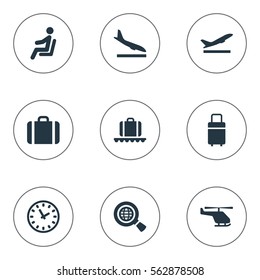 Set Of 9 Simple Airport Icons. Can Be Found Such Elements As Travel Bag, Alighting Plane, Global Research And Other.