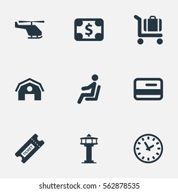 Set Of 9 Simple Airport Icons. Can Be Found Such Elements As Coupon, Flight Control Tower, Currency And Other.
