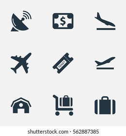 Set Of 9 Simple Airport Icons. Can Be Found Such Elements As Baggage Cart, Coupon, Takeoff And Other.