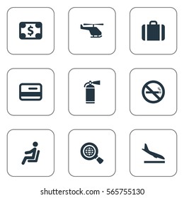 Set Of 9 Simple Airport Icons. Can Be Found Such Elements As Cigarette Forbidden, Credit Card, Seat And Other.