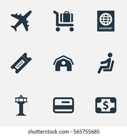 Set Of 9 Simple Airport Icons. Can Be Found Such Elements As Garage, Certificate Of Citizenship, Credit Card And Other.