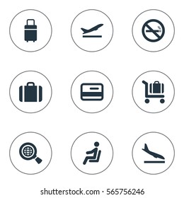 Set Of 9 Simple Airport Icons. Can Be Found Such Elements As Takeoff, Cigarette Forbidden, Alighting Plane And Other.