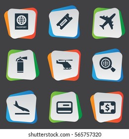 Set Of 9 Simple Airport Icons. Can Be Found Such Elements As Protection Tool, Certificate Of Citizenship, Alighting Plane And Other.