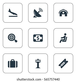 Set Of 9 Simple Airport Icons. Can Be Found Such Elements As Seat, Garage, Alighting Plane And Other.