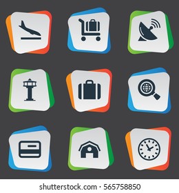 Set Of 9 Simple Airport Icons. Can Be Found Such Elements As Alighting Plane, Garage, Global Research And Other.