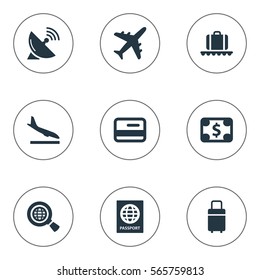 Set Of 9 Simple Airport Icons. Can Be Found Such Elements As Alighting Plane, Luggage Carousel, Currency And Other.