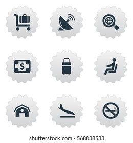 Set Of 9 Simple Airport Icons. Can Be Found Such Elements As Cigarette Forbidden, Alighting Plane, Baggage Cart And Other.