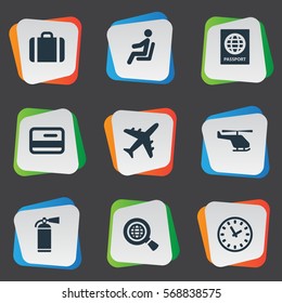Set Of 9 Simple Airport Icons. Can Be Found Such Elements As Plane, Credit Card, Certificate Of Citizenship And Other.