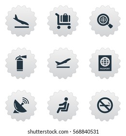 Set Of 9 Simple Airport Icons. Can Be Found Such Elements As Protection Tool, Antenna, Global Research And Other.