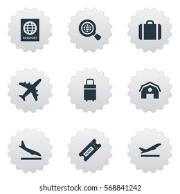 Set Of 9 Simple Airport Icons. Can Be Found Such Elements As Garage, Takeoff, Travel Bag And Other.