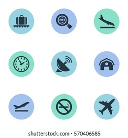 Set Of 9 Simple Airport Icons. Can Be Found Such Elements As Alighting Plane, Global Research, Antenna And Other.