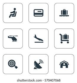 Set Of 9 Simple Airport Icons. Can Be Found Such Elements As Seat, Air Transport, Antenna And Other.