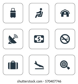 Set Of 9 Simple Airport Icons. Can Be Found Such Elements As Garage, Travel Bag, Alighting Plane And Other.