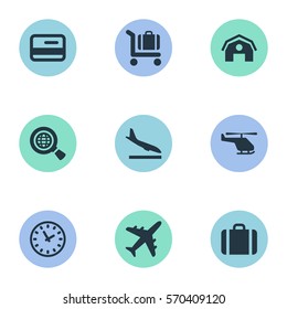 Set Of 9 Simple Airport Icons. Can Be Found Such Elements As Credit Card, Alighting Plane, Watch And Other.