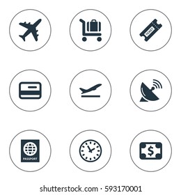 Set Of 9 Simple Airport Icons. Can Be Found Such Elements As Plane, Currency, Baggage Cart And Other.