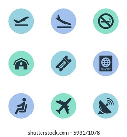 Set Of 9 Simple Airport Icons. Can Be Found Such Elements As Plane, Garage, Antenna And Other.