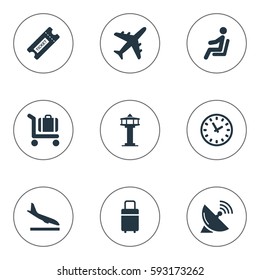 Set Of 9 Simple Airport Icons. Can Be Found Such Elements As Antenna, Plane, Flight Control Tower And Other.