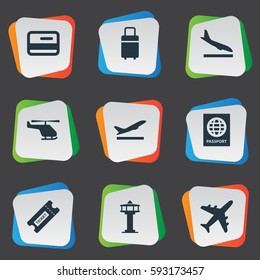 Set Of 9 Simple Airport Icons. Can Be Found Such Elements As Flight Control Tower, Alighting Plane, Plane And Other.