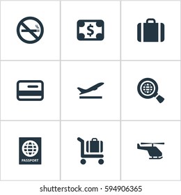 Set Of 9 Simple Airport Icons. Can Be Found Such Elements As Handbag, Takeoff, Global Research.
