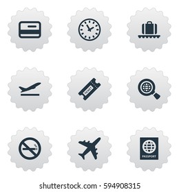 Set Of 9 Simple Airport Icons. Can Be Found Such Elements As Credit Card, Luggage Carousel, Takeoff And Other.