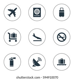 Set Of 9 Simple Airport Icons. Can Be Found Such Elements As Plane, Cigarette Forbidden, Alighting Plane And Other.