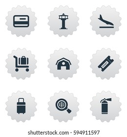 Set Of 9 Simple Airport Icons. Can Be Found Such Elements As Coupon, Garage, Alighting Plane And Other.