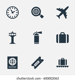 Set Of 9 Simple Airport Icons. Can Be Found Such Elements As Coupon, Watch, Protection Tool And Other.
