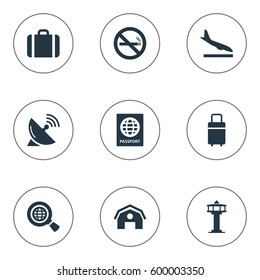 Set Of 9 Simple Airport Icons. Can Be Found Such Elements As Global Research, Antenna, Alighting Plane And Other.