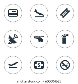 Set Of 9 Simple Airport Icons. Can Be Found Such Elements As Credit Card, Antenna, Protection Tool And Other.