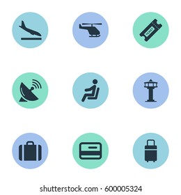 Set Of 9 Simple Airport Icons. Can Be Found Such Elements As Antenna, Alighting Plane, Credit Card And Other.