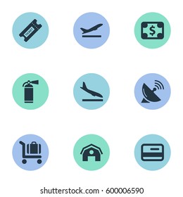 Set Of 9 Simple Airport Icons. Can Be Found Such Elements As Antenna, Alighting Plane, Takeoff And Other.