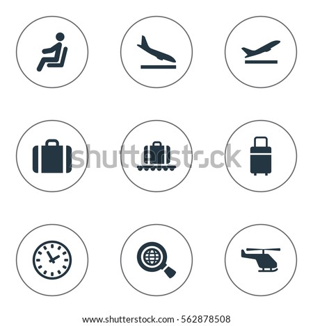 Set Of 9 Simple Airport Icons. Can Be Found Such Elements As Travel Bag, Alighting Plane, Global Research And Other.