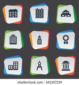 Set Of 9 Simple Architecture Icons. Can Be Found Such Elements As Block, Residential, Reward And Other.