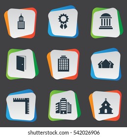 Set Of 9 Simple Architecture Icons. Can Be Found Such Elements As Gate, Academy, Shelter And Other.