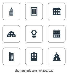 Set Of 9 Simple Architecture Icons. Can Be Found Such Elements As Structure, Glazing, Residential And Other.