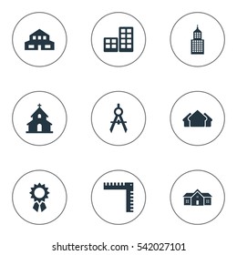 Set Of 9 Simple Architecture Icons. Can Be Found Such Elements As Residential, Structure, Length And Other.