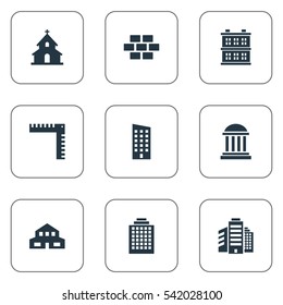 Set Of 9 Simple Architecture Icons. Can Be Found Such Elements As Floor, Length, Residential And Other.