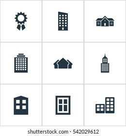 Set Of 9 Simple Architecture Icons. Can Be Found Such Elements As Reward, Residence, Construction And Other.