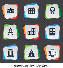 Set Of 9 Simple Architecture Icons. Can Be Found Such Elements As Residence, Reward, Popish And Other.