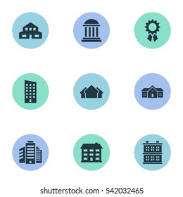 Set Of 9 Simple Architecture Icons. Can Be Found Such Elements As Block, School, Residential And Other.