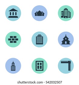 Set Of 9 Simple Architecture Icons. Can Be Found Such Elements As Structure, Booth, Superstructure And Other.