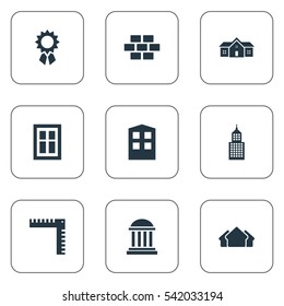 Set Of 9 Simple Architecture Icons. Can Be Found Such Elements As Reward, Academy, Shelter And Other.