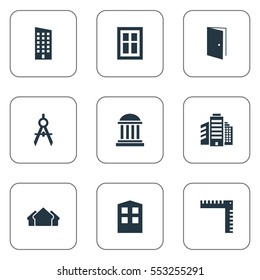 Set Of 9 Simple Architecture Icons. Can Be Found Such Elements As Engineer Tool, Gate, Construction And Other.